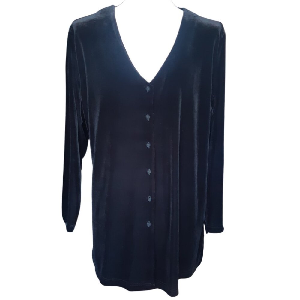 Classic Elements SZ 2XL Black Velour Women's Button Up V-Neck Tunic Top